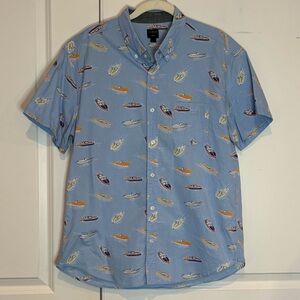 J. Crew Factory Boat Print Short Sleeve Casual Button Down Shirt Blue L